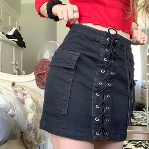 Black denim lace-up biker skirt